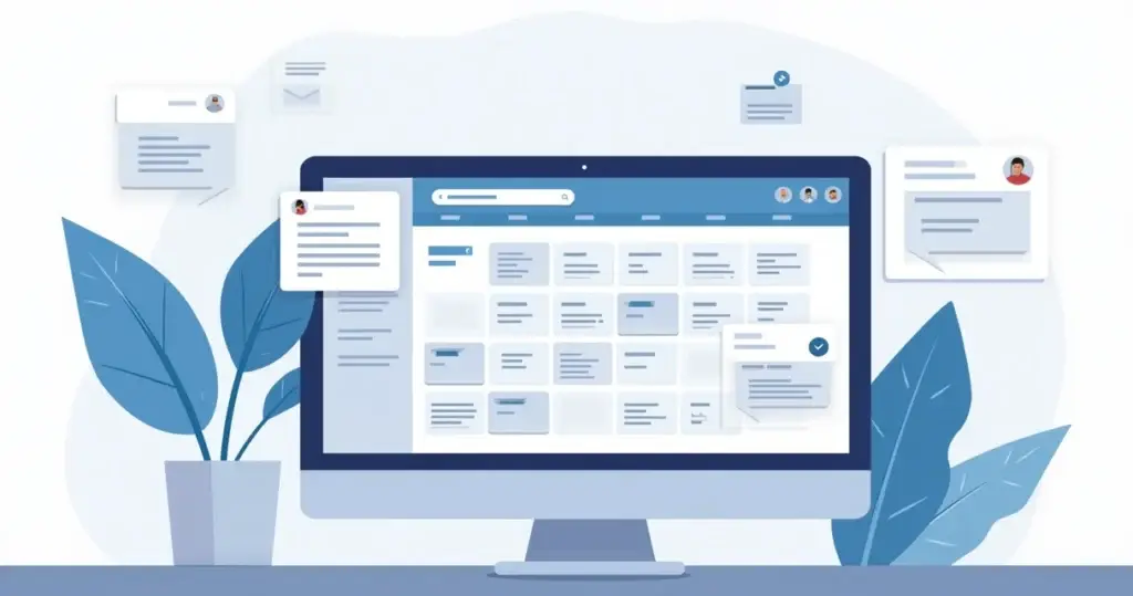 Ilustração corporativa plana mostrando tela de computador com sistema de CRM para agendamento automático em clínica, com calendário digital, notificações e integração de canais de atendimento