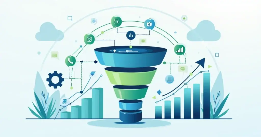 Ilustração corporativa plana mostrando automação do funil de vendas em clínicas com gráficos, canais de comunicação integrados e inteligência artificial