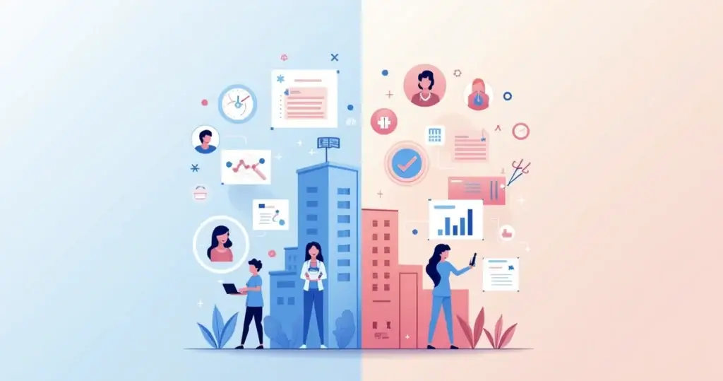 Ilustração corporativa dividida mostrando CRM médico à esquerda e CRM para estética à direita com elementos visuais distintos para cada setor