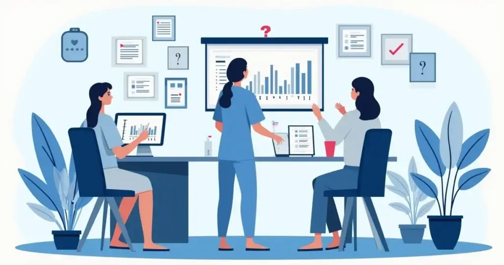 Ilustração corporativa plana mostrando profissionais de estética e saúde confusos com gráficos e dados de CRM incorretos em telas digitais