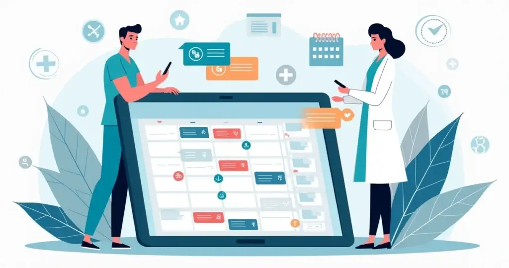 Ilustração corporativa de equipe médica organizando agenda digital com lembretes automáticos e notificações de consultas