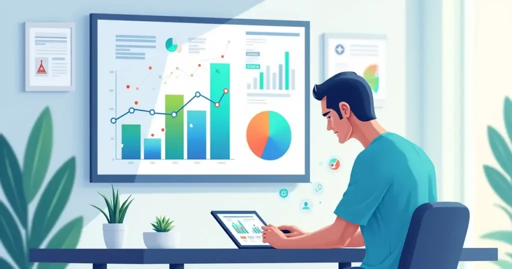 Ilustração corporativa flat de painel digital com gráficos, tabelas e indicadores em tela grande de clínica