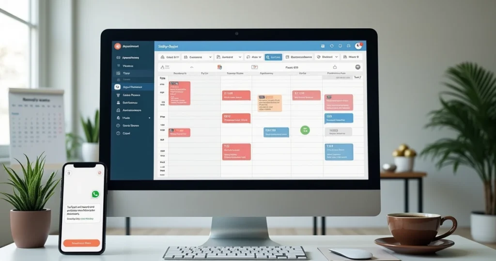 Tela de computador mostrando sistema automatizado de remarcação com interface moderna e tarefas organizadas