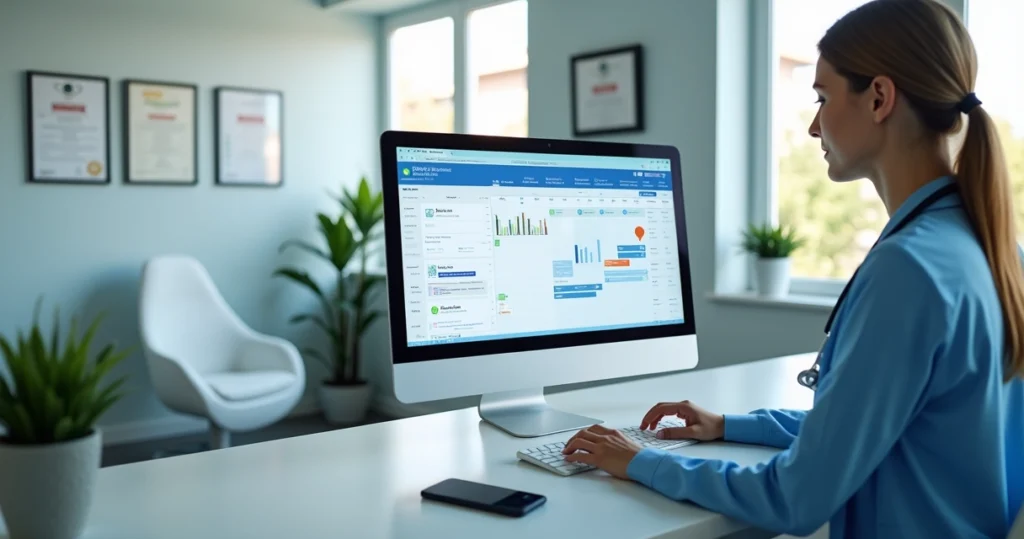 Profissional de saúde usando computador para agendamento online em clínica moderna com tela mostrando sistema de agendamento e notificações via WhatsApp