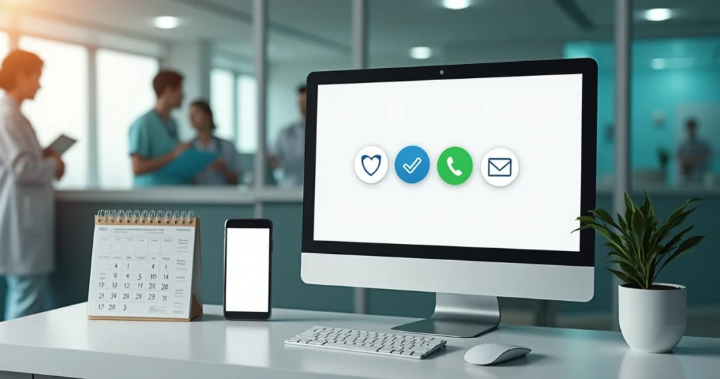 Computador e celular exibindo mensagens automatizadas de lembretes para consultas médicas, com interface limpa e organizada