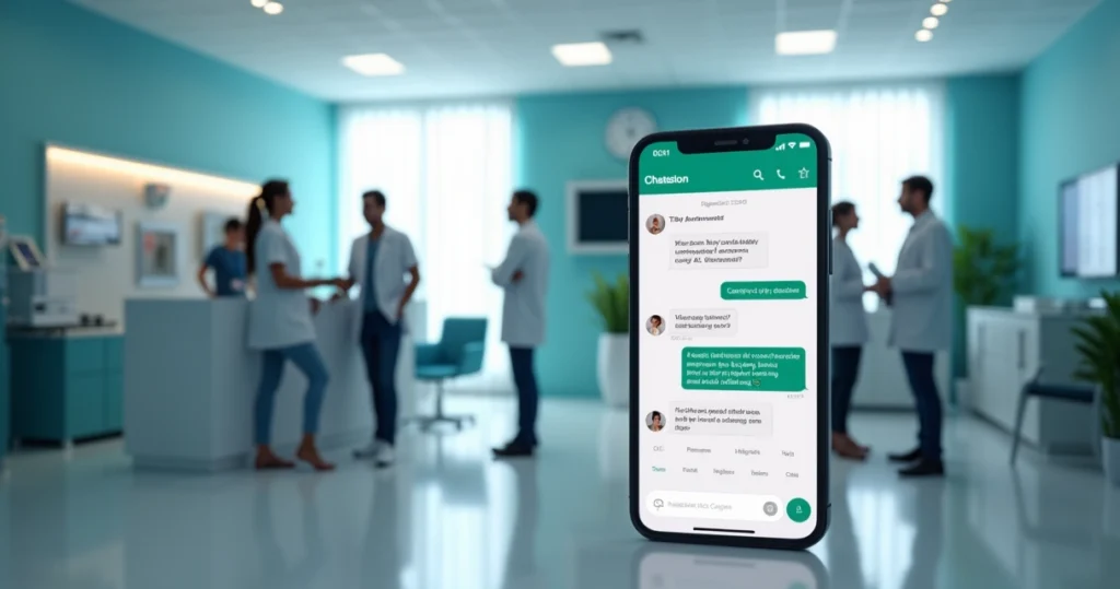 Interface de chatbot em smartphone atendendo pacientes via WhatsApp em clínica estética moderna