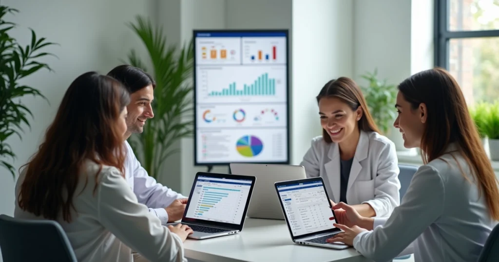 Equipe de vendas em clínica discutindo estratégias digitais com computadores e tablets numa sala moderna