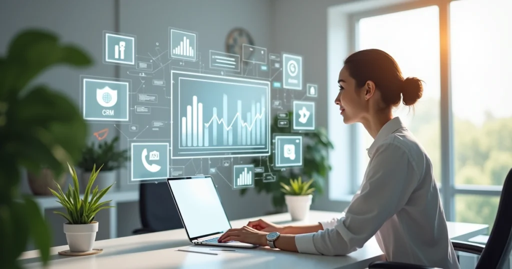 Profissional de clínica estética usando computador com gráficos de crescimento e painéis digitais ao redor