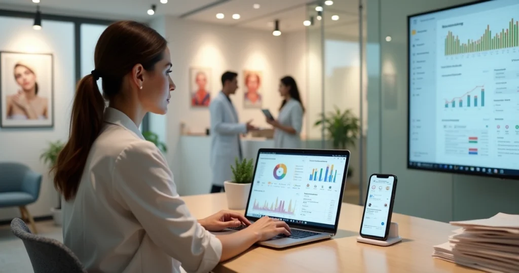 Gestora de clínica analisando painel financeiro com gráficos de crescimento previsível