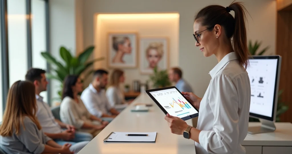 Gestora de clínica de estética analisando painel de campanhas de captação em tablet em meio a sala de espera cheia