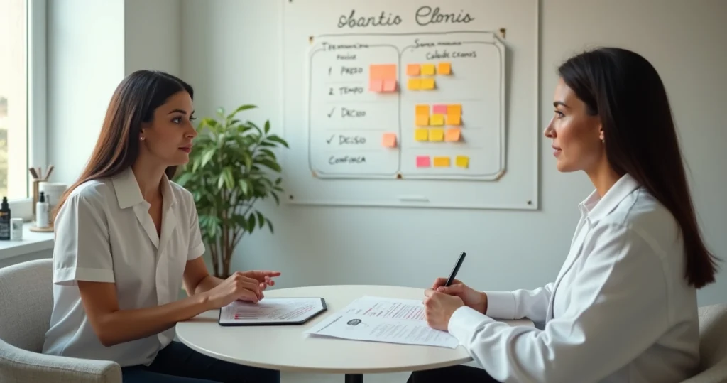 Consultora de clínica conversando com paciente em frente a quadro de dúvidas e soluções