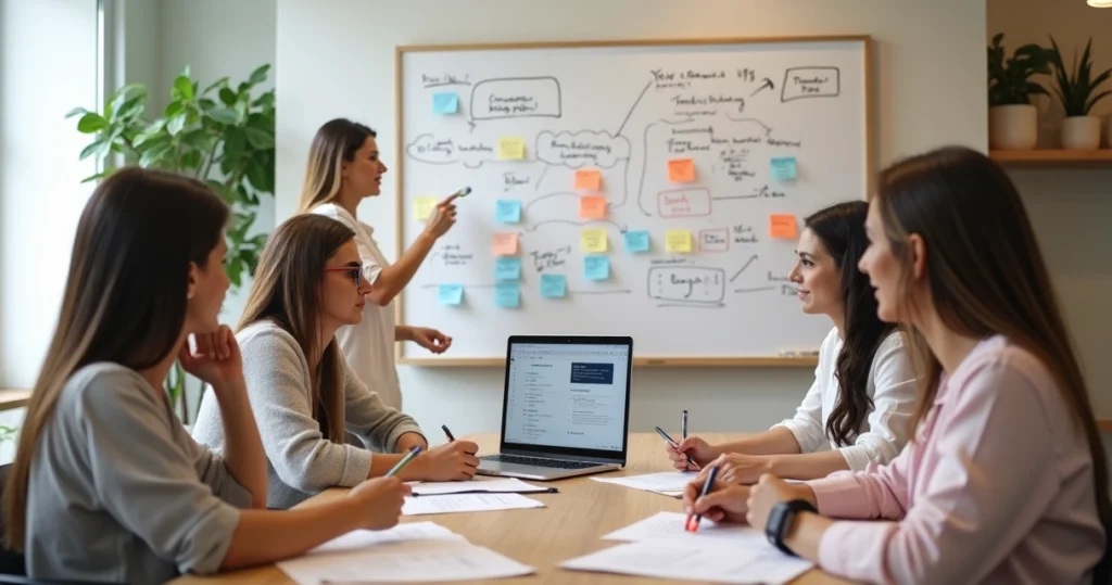 Equipe de consultoras de estética em reunião de melhoria de conversão de vendas
