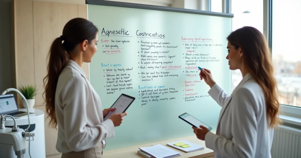 Quadro de vidro com script de vendas sendo atualizado em clínica de estética moderna