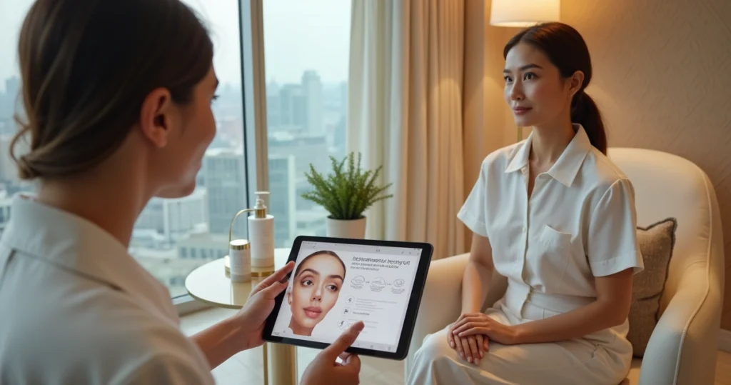 Consultora de clínica mostra tablet explicando benefícios a cliente em sala de atendimento elegante