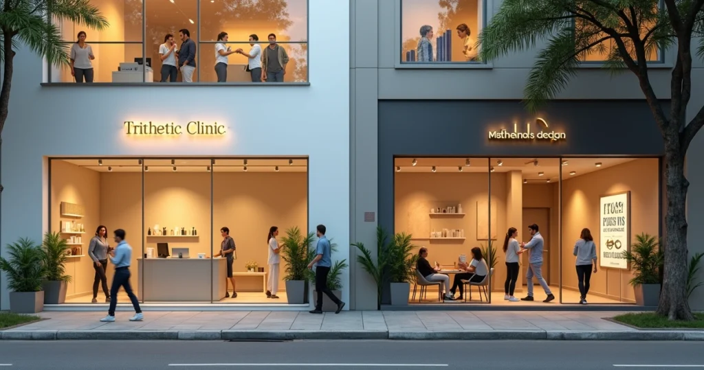 Contraste entre clínica de estética cheia e clínica vazia na mesma rua