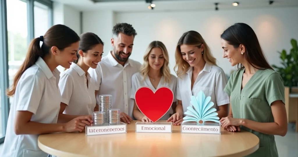 Equipe de clínica estética reunida ao redor de mesa com três ícones representando tipos de salário