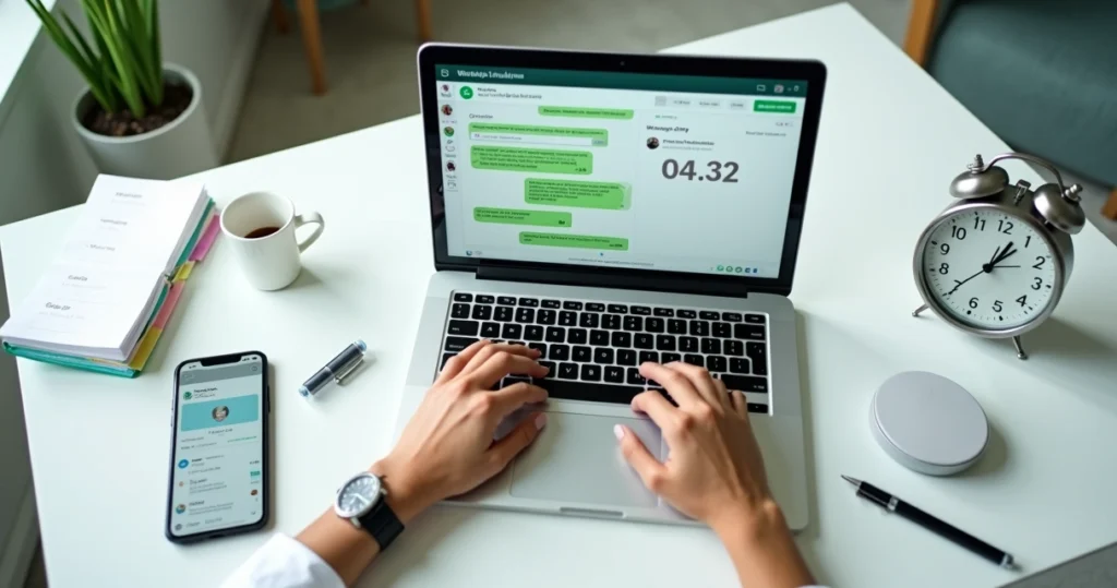 Gestor de clínica acompanha cronômetro ao responder lead no WhatsApp em notebook