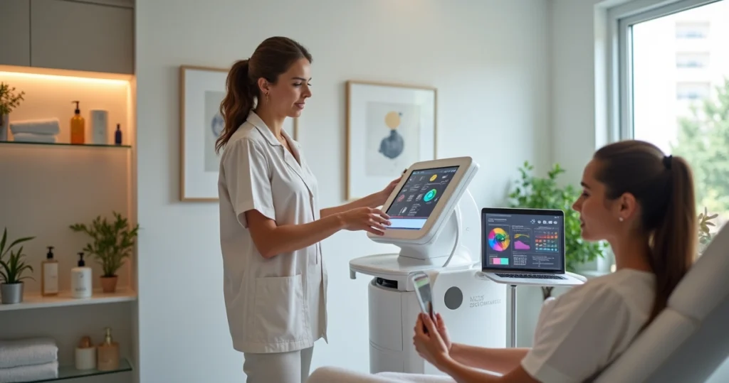 Sala de clínica de estética moderna com equipamento tecnológico em demonstração para cliente
