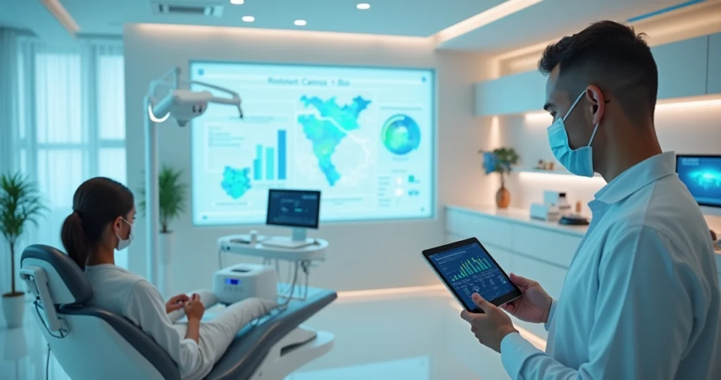 Equipe odontológica analisa painel digital de dados em clínica moderna