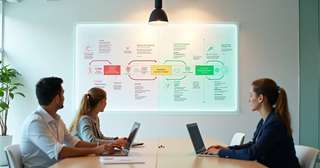 Fluxo visual de clínica destacando gargalos e melhoria com inteligência artificial