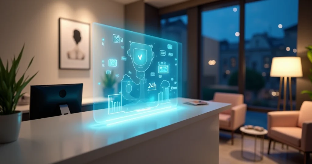 Recepção de clínica estética à noite com holograma de assistente virtual em destaque