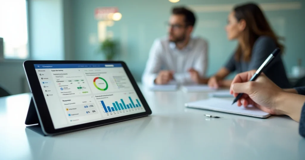 Gestor de clínica analisa painel com indicadores comerciais semanais em tablet