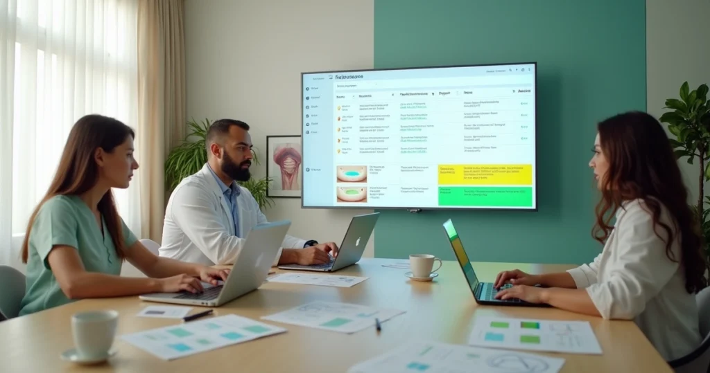 Equipe de clínica estudando painel de CRM com pacientes destacando retornos possíveis